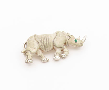 925 Sterling Silver Vintage Brooch Pin Emerald Eye Rhinoceros Figure  BP12638