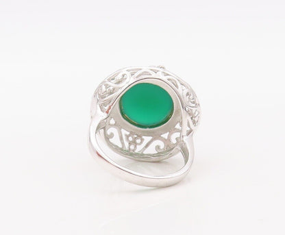 925 Sterling Silver Vintage Ring Swirly Cutout Round Green Onyx  Sz 7.5 RG30213