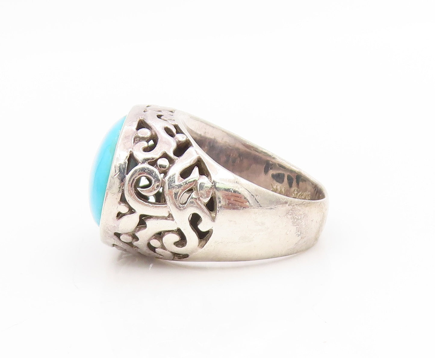 925 Sterling Silver Vintage Ring Oval Turquoise Open Scrollwork  Sz 7  RG34665