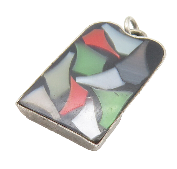 ISRAEL 925 Sterling Silver  Vintage Mother Of Pearl Mosaic Pendant  PT8862