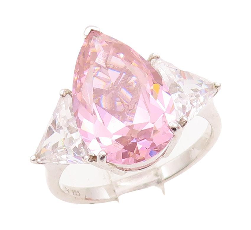 925 Sterling Silver Vintage Ring Oval Pink & Triangle White CZ  Sz 10  RG28635