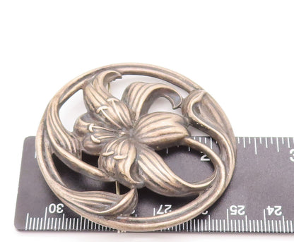 925 Sterling Silver Vintage Brooch Pin Antique Carved Framed Flower  BP10824
