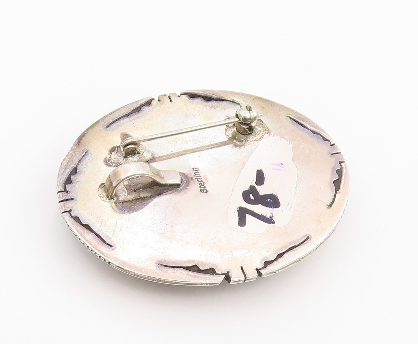 925 Sterling Silver Vintage Brooch Pin NAVAJO Oval Cabochon Malachite  BP12341