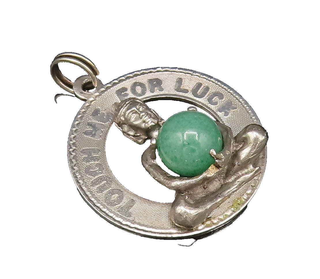 925 Sterling Silver  Vintage Touch Me For Luck Jade Medal Pendant  PT21758