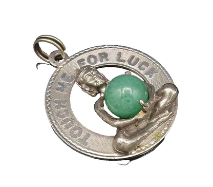925 Sterling Silver  Vintage Touch Me For Luck Jade Medal Pendant  PT21758