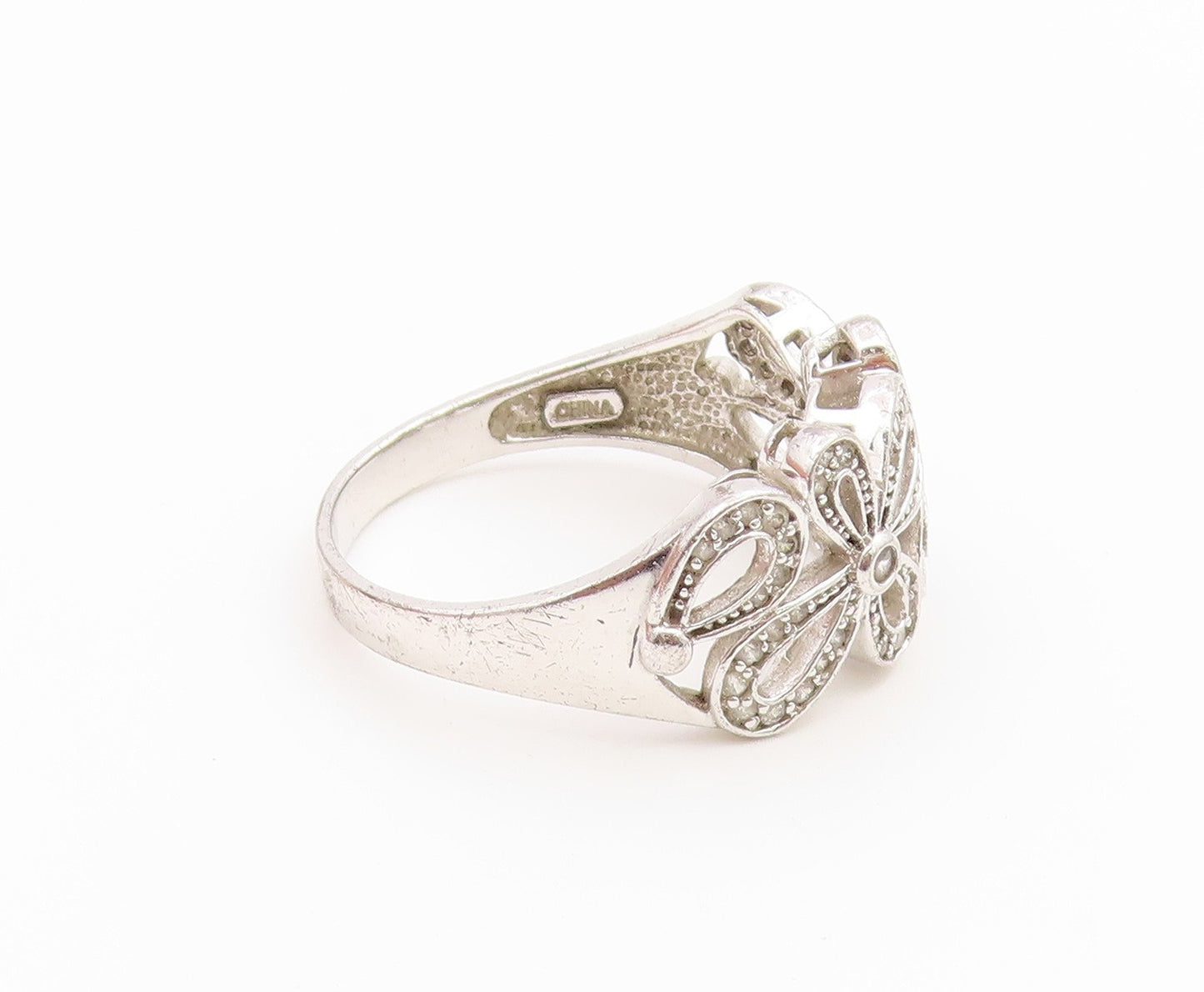 925 Sterling Silver Vintage Ring Elegant CZ Floral Openwork Band  Sz 11  RG36894
