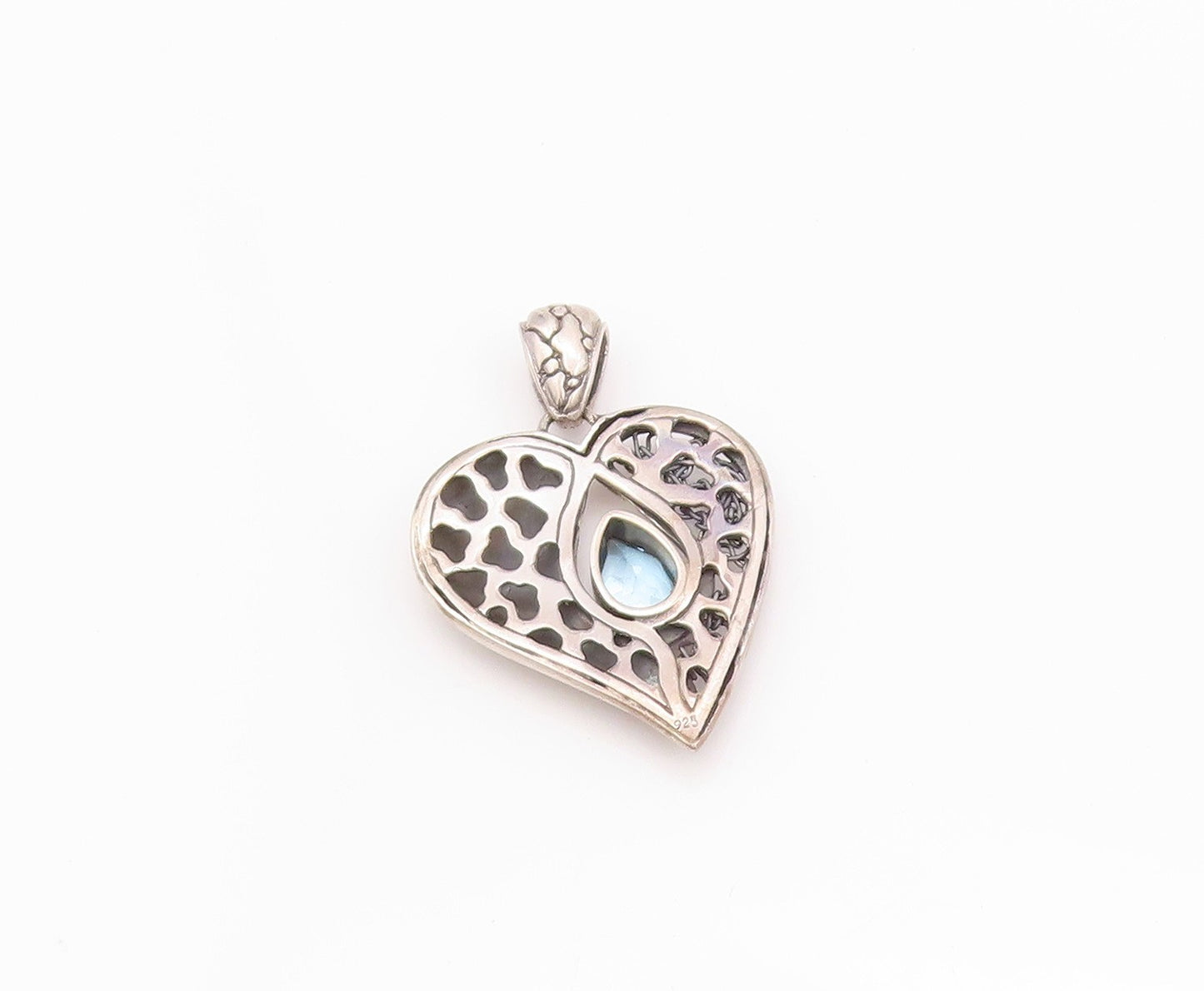 925 Sterling Silver Vintage Pendant Drop Cut Blue Topaz Carved Heart  PT24009