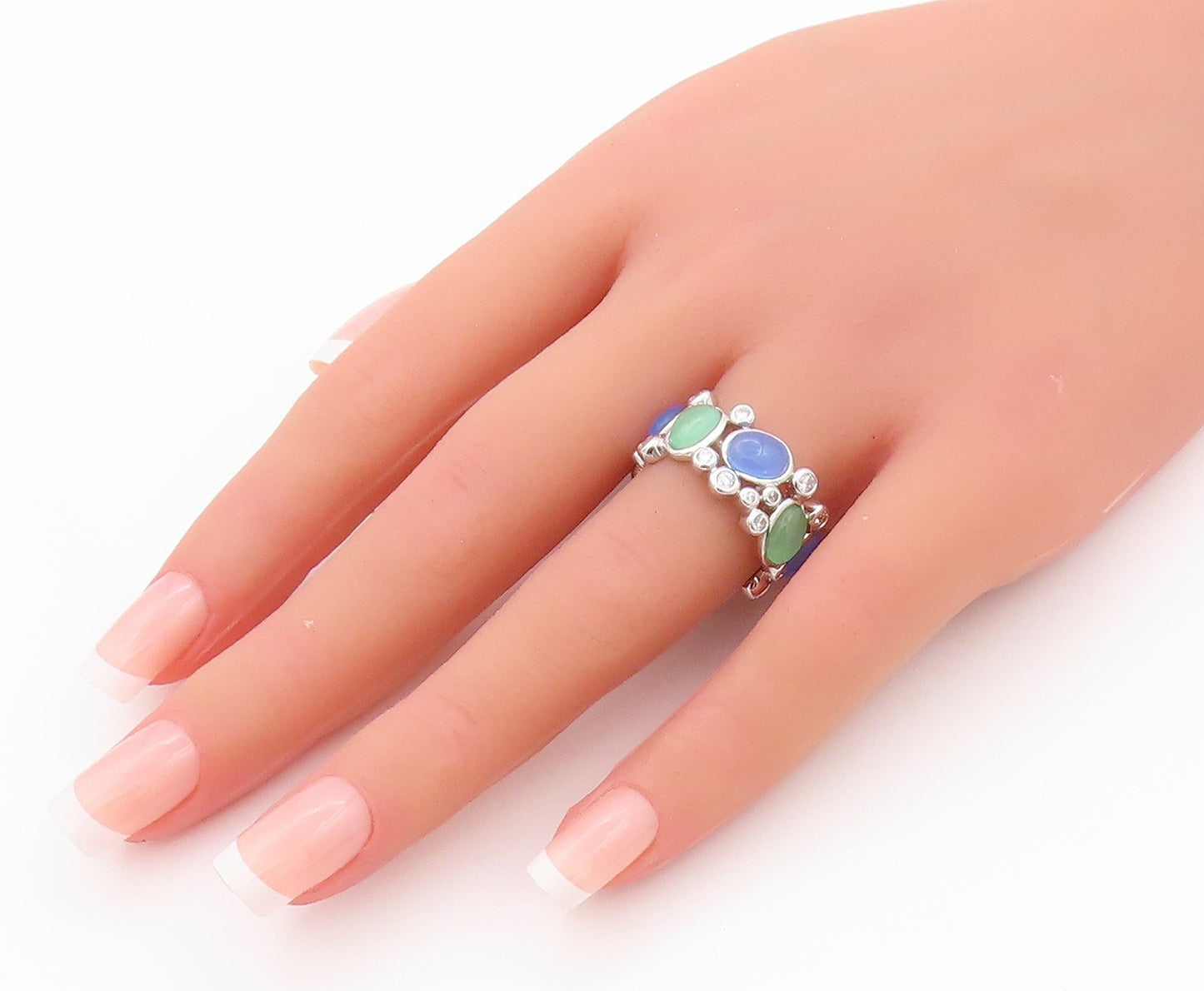 925 Sterling Silver Vintage Ring Brutalist Cutout CZ & Gemstones  Sz 7  RG32329
