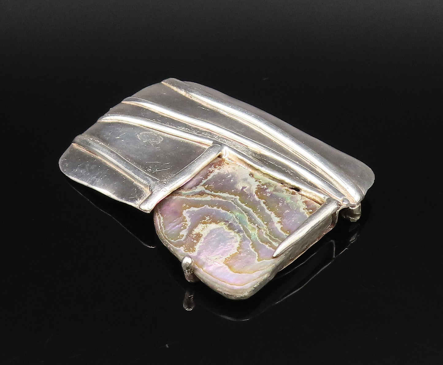 925 Silver  Vintage Modernist Mother Of Pearl Rectangle Brooch Pin  BP10002
