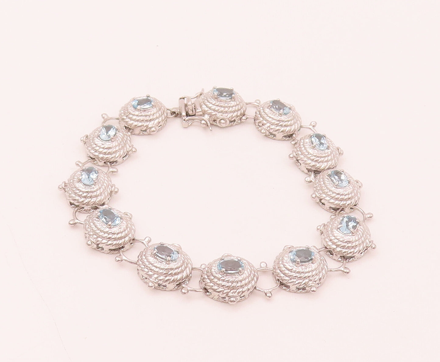 925 Silver  Vintage Blue Topaz Halo Twist Rope Dome Tennis Bracelet  BT9941