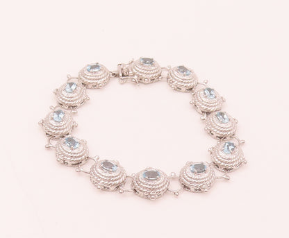 925 Silver  Vintage Blue Topaz Halo Twist Rope Dome Tennis Bracelet  BT9941