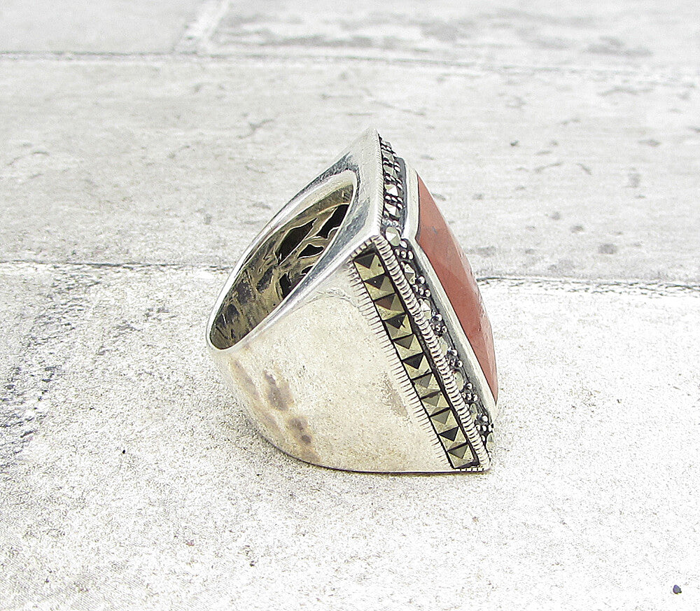925 Sterling Silver  Red Jasper & Marcasite Cocktail Ring Sz 6  RG1589