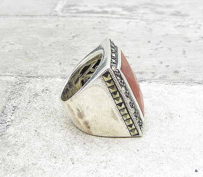 925 Sterling Silver  Red Jasper & Marcasite Cocktail Ring Sz 6  RG1589