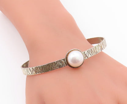 925 Sterling Silver & 14K GOLD  Vintage Pearl Dome Bangle Bracelet  BT8083