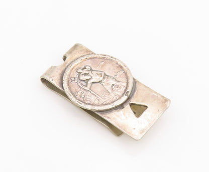 925 Sterling Silver Vintage Money Clip Solid Dark Tone Religious Carved  TR3873
