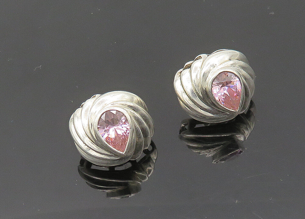 925 Sterling Silver  Vintage Pink Cubic Zirconia Fluted Drop Earrings  EG10142