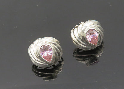 925 Sterling Silver  Vintage Pink Cubic Zirconia Fluted Drop Earrings  EG10142