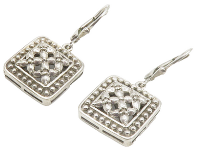 925 Sterling Silver  Vintage Genuine Diamonds Floral Dangle Earrings  EG7158