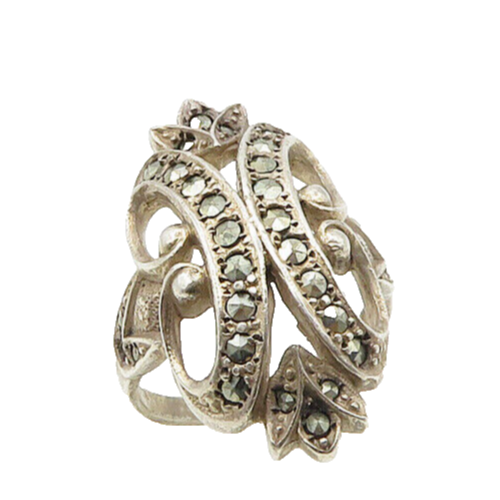 925 Sterling Silver  Vintage Marcasite Floral Cocktail Ring Sz 6.5  RG17783