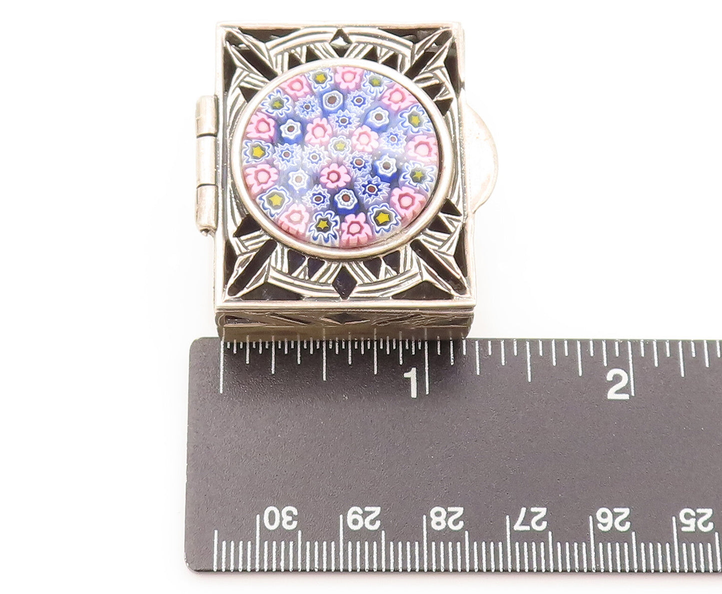 925 Sterling Silver Vintage Millefiori Top Stencil Cut Pill Box (OPENS) TR3571