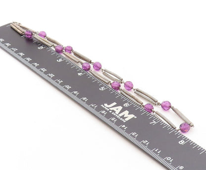 925 Sterling Silver Vintage Necklace Spring Design Cutout Beaded Amethyst NE4420