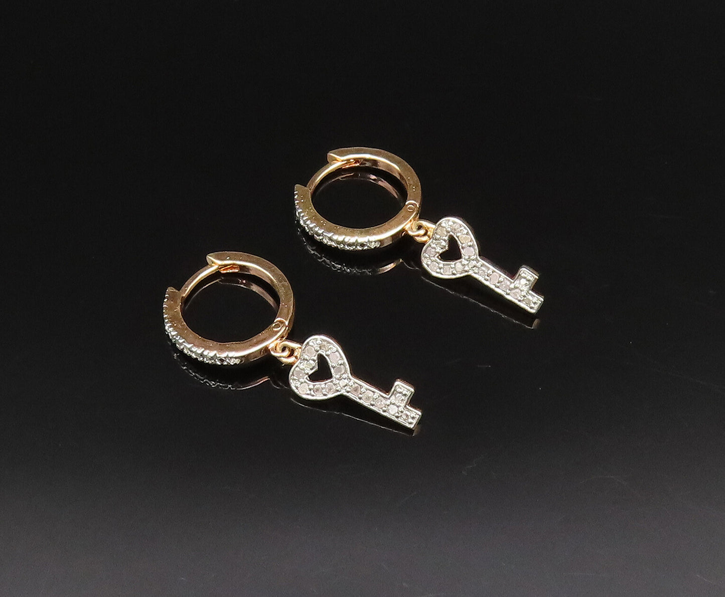 925 Silver  Vintage Gold Plated Genuine Diamonds Love Key Earrings  EG12071