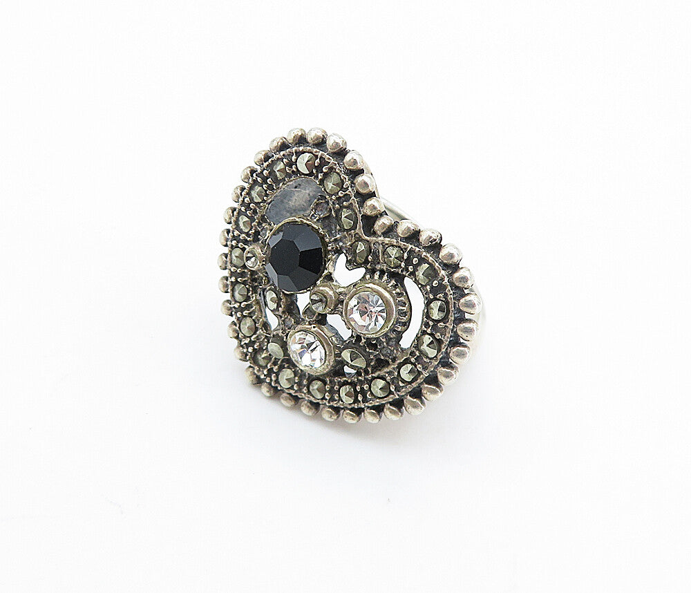 925 Silver  Vintage Hematite & Cubic Zirconia Cocktail Ring Sz 5.5  RG7729