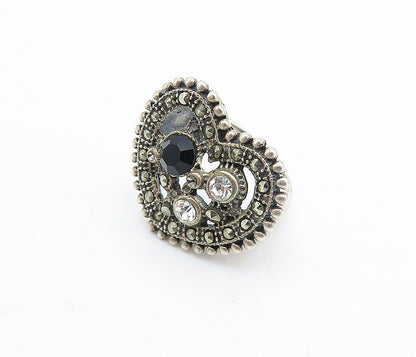 925 Silver  Vintage Hematite & Cubic Zirconia Cocktail Ring Sz 5.5  RG7729