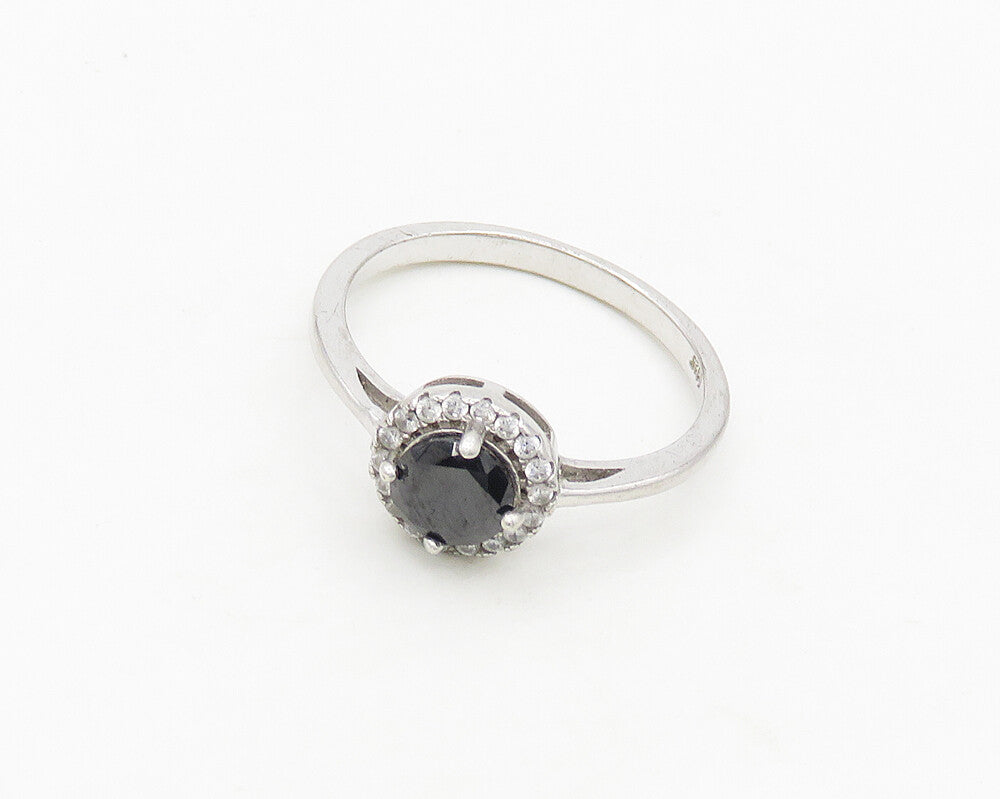 925 Sterling Silver  Round Cut Hematite & Topaz Shiny Band Ring Sz 9  RG17936