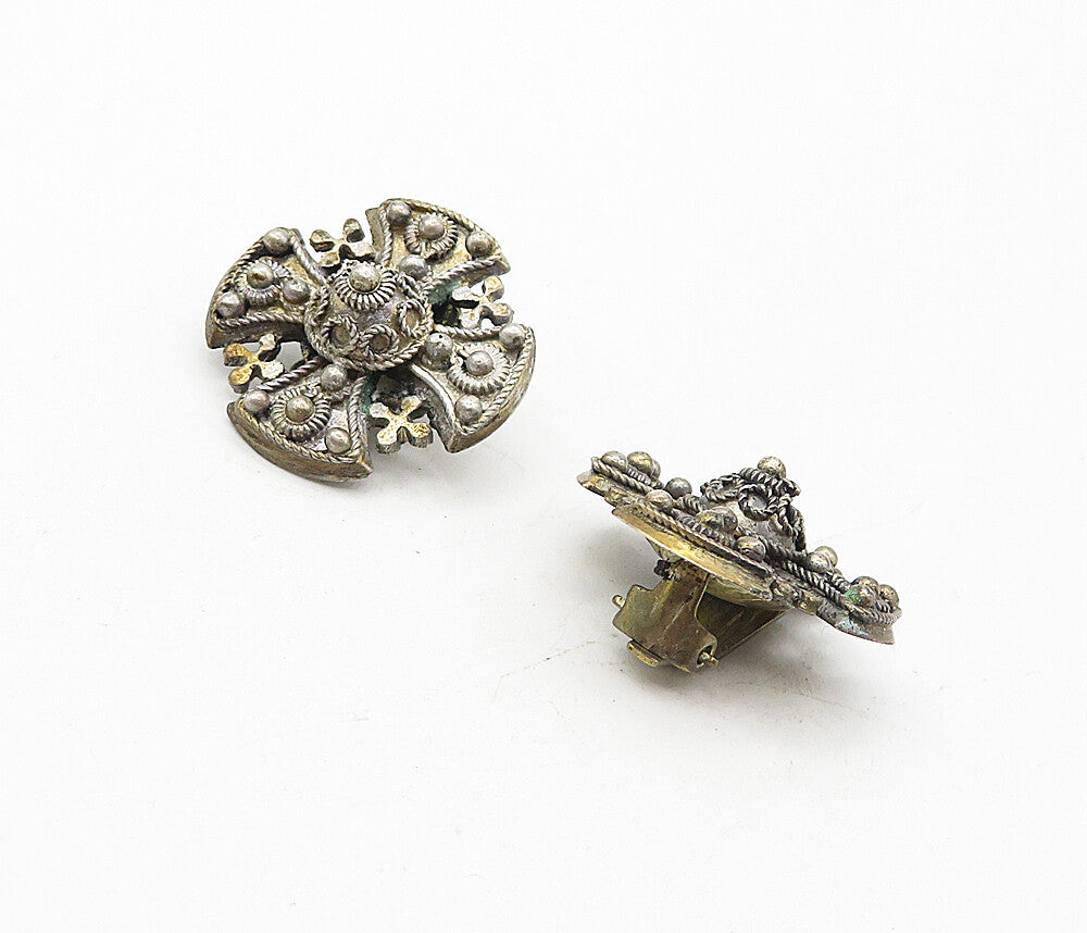 925 Sterling Silver  Vintage Antique Twist Cross Non Pierce Earrings  EG3932
