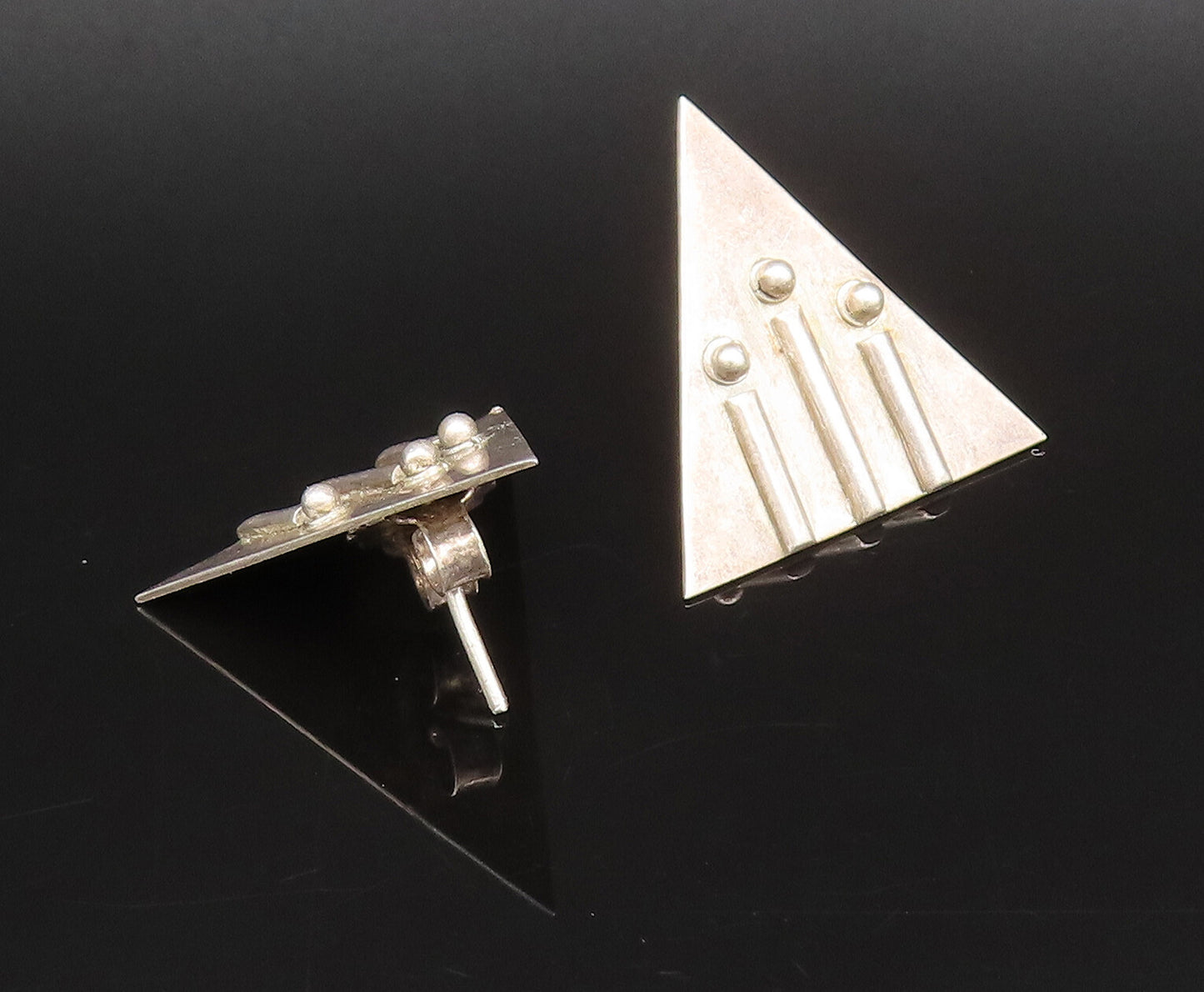 925 Silver  Vintage 3D Lines & Beads Modernist Triangle Earrings  EG12268
