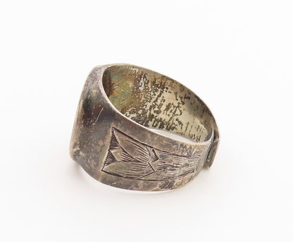 925 Sterling Silver Vintage Ring Engraved Floral Motif Band  Sz 10  RG36841