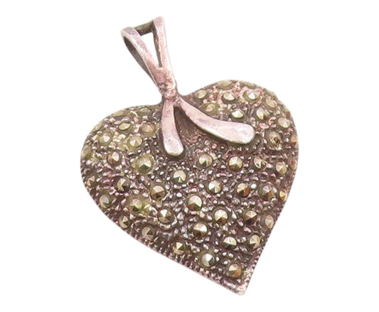 925 Sterling Silver  Vintage Sparkling Marcasite Love Heart Pendant  PT18054