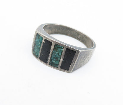 925 Sterling Silver  Vintage Antique Turquoise & Black Onyx Ring Sz 9  RG6274
