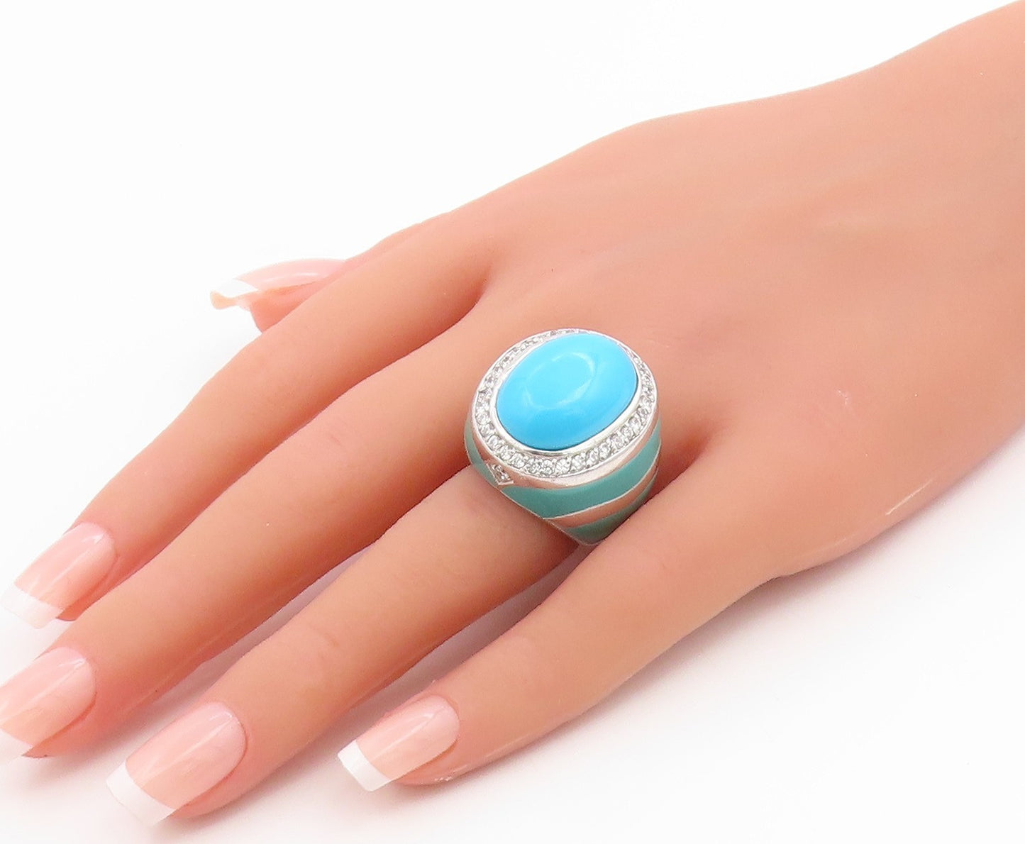 925 Sterling Silver Vintage Ring Large Turquoise & CZ Dome Band  Sz 6  RG35554