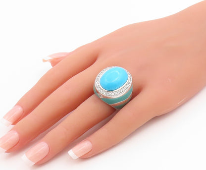 925 Sterling Silver Vintage Ring Large Turquoise & CZ Dome Band  Sz 6  RG35554