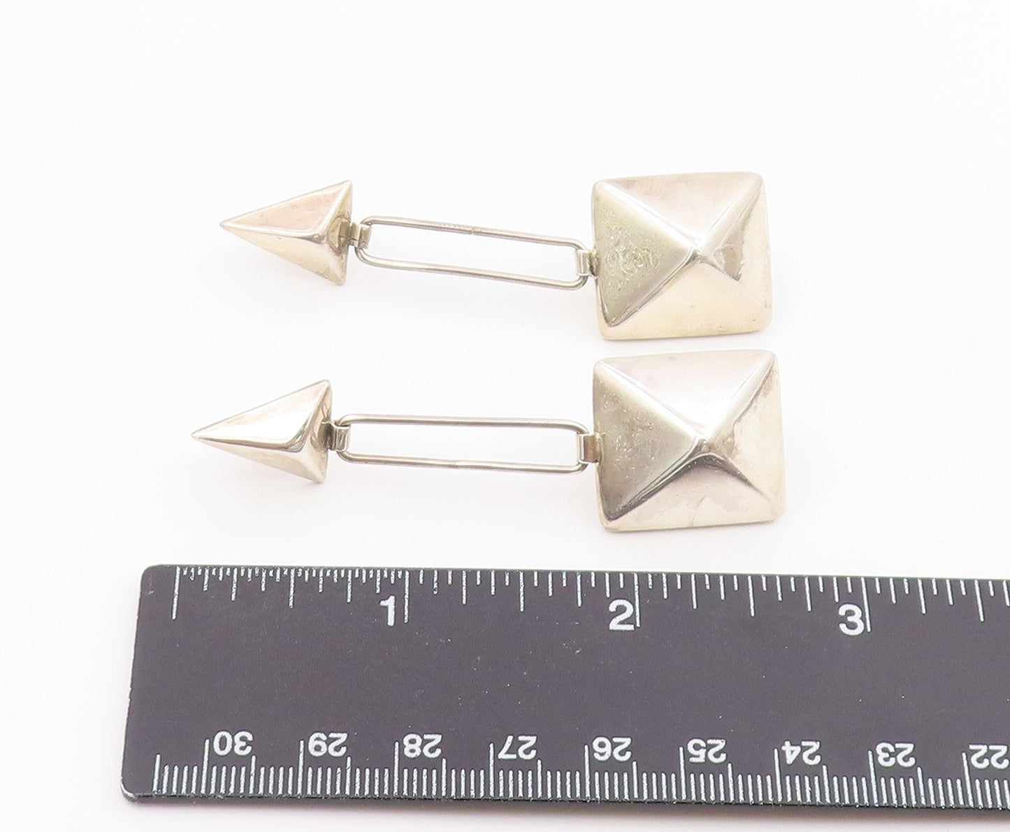 925 Sterling Silver Vintage Earrings 3D Geometric Pyramid Linear Drop  EG14422