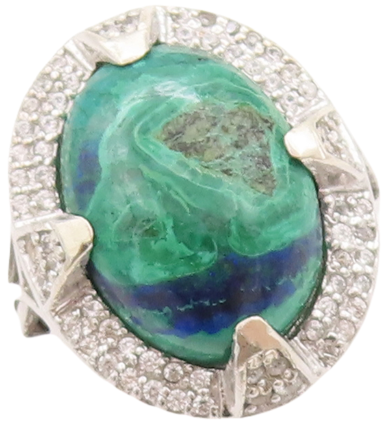 925 Sterling Silver Vintage Ring Oval Azurite Halo CZ Frame  Sz 7 RG29352