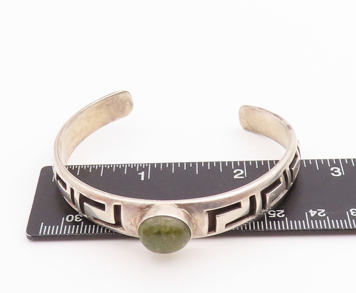 925 Sterling Silver Vintage Bracelet Oval Turquoise Carved Maze Cuff  BT11302