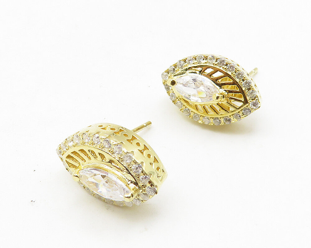 925 Sterling Silver  Marquise Cubic Zirconia Gold Plated Stud Earrings  EG5729