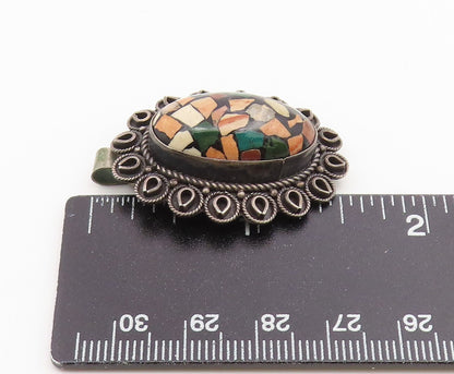 925 Sterling Silver Vintage Brooch Pin Multi gemstone Scalloped Border  BP12644