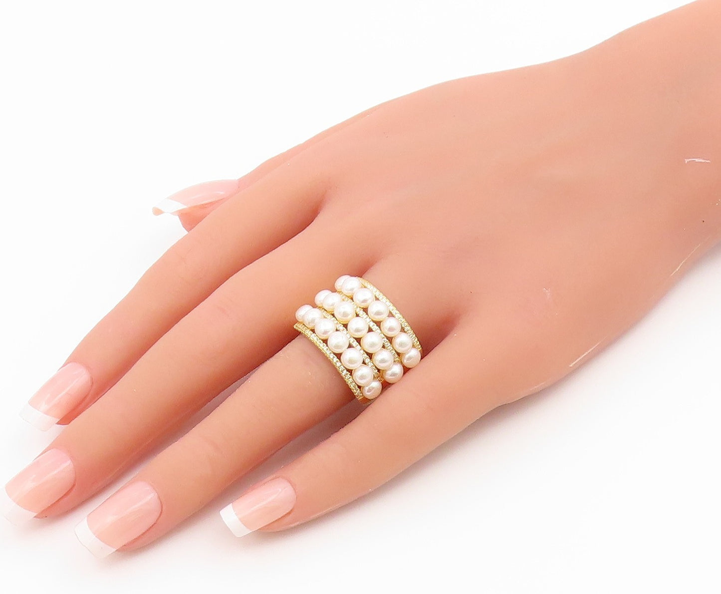 925 Sterling Silver Vintage Ring Gold Plated Multi Row Pearl Band Sz 10 RG36783