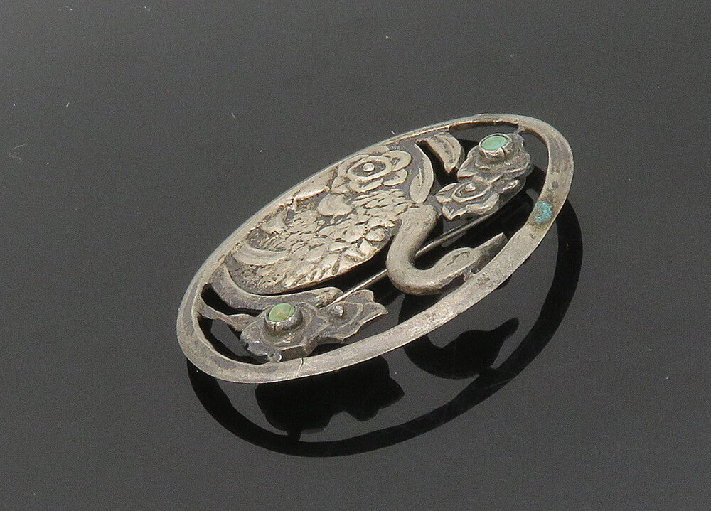 MEXICO 925 Silver  Vintage Antique Turquoise Floral Swan Brooch Pin  BP8148