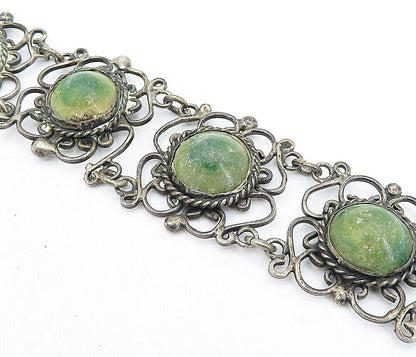 MEXICO 925 Silver  Vintage Antique Jasper Floral Twist Chain Bracelet  BT1530