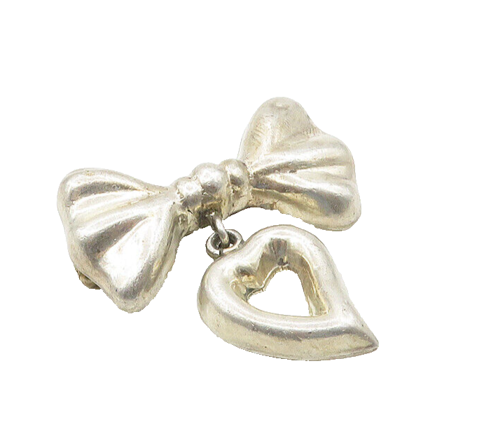 MEXICO 925 Silver  Vintage Shiny Ribbon Bow& Love Heart Brooch Pin  BP7111