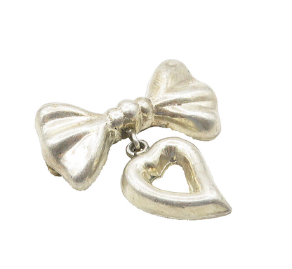 MEXICO 925 Silver  Vintage Shiny Ribbon Bow& Love Heart Brooch Pin  BP7111