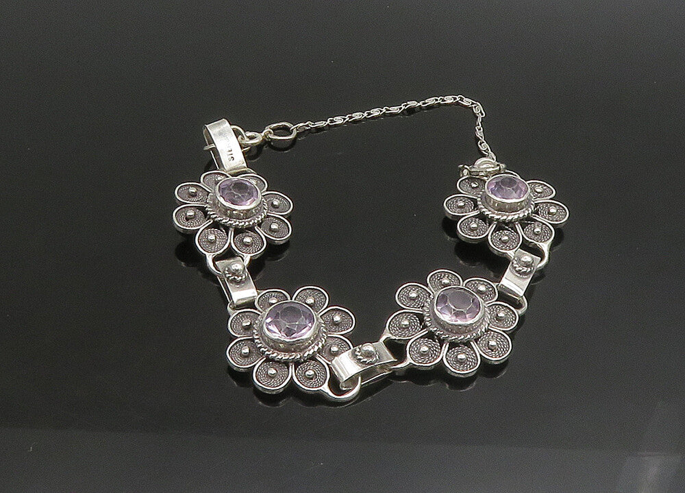 925 Sterling Silver  Vintage Amethyst Flower Motif Chain Bracelet  BT9080