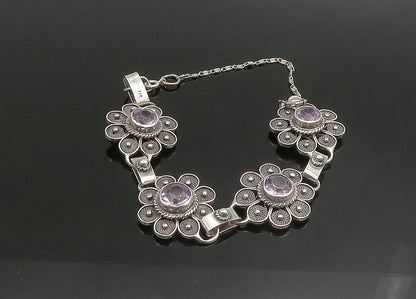 925 Sterling Silver  Vintage Amethyst Flower Motif Chain Bracelet  BT9080