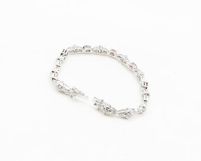 925 Sterling Silver  Genuine Diamond & Garnet Floral Chain Bracelet  BT7269