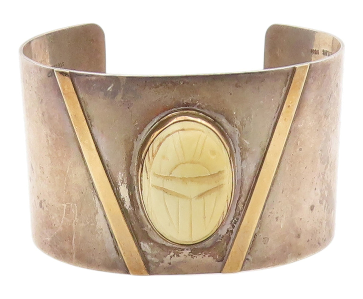 14k Gold & 925 Sterling Silver Vintage Bracelet M&J SAVITT Agate Scarab  BT12105